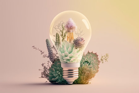 Minimalist image of a light bulb with beautiful plants inside to use as decoration. Generative AIの素材