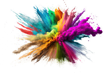 Holi color powder explosion with rainbow on isolated white background, burst of vibrant colors by Generative AIの素材