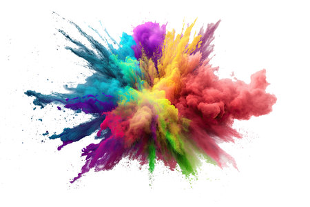 Holi color powder explosion with rainbow on isolated white background, burst of vibrant colors by Generative AIの素材