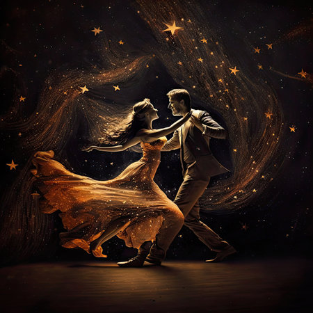 Silhouette of a couple of dancers dancing in the dark night. Generative AIの素材