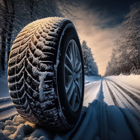 Weather tire running in the snow. Road safety. Generative AIの素材