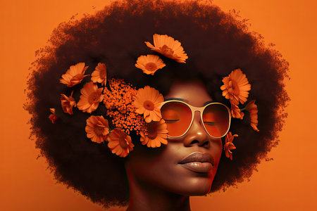 Black woman with afro hair covering her eyes with flowers on colorful background. Generative AIの素材