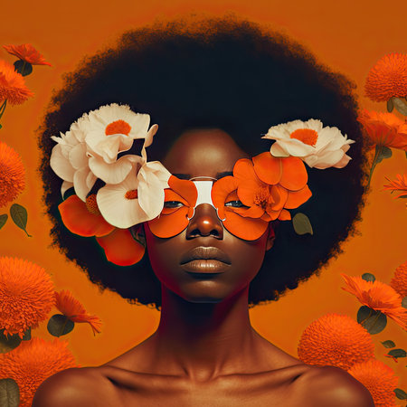 Black woman with afro hair covering her eyes with flowers on colorful background. Generative AIの素材