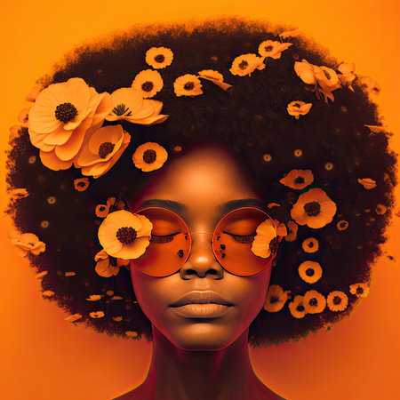 Black woman with afro hair covering her eyes with flowers on colorful background. Generative AIの素材