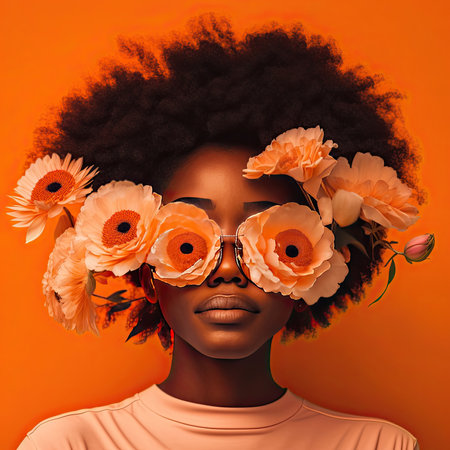 Black woman with afro hair covering her eyes with flowers on colorful background. Generative AIの素材
