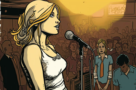 Singer with microphone on stage. Generative AI.の素材