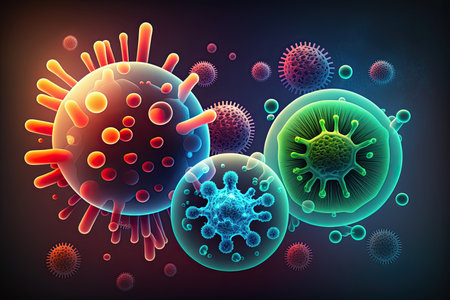 Conceptual science background. Microscopic colorful viruses. Generative AIの素材
