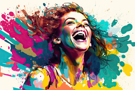 Excited young woman laughing on a splashed colors. Generative AIの素材