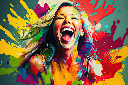 Excited young woman laughing on a splashed colors. Generative AIの素材