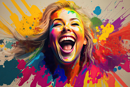 Excited young woman laughing on a splashed colors. Generative AIの素材