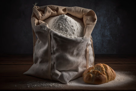 Still life of a large sack full of flour with loaves of bread on dark background. Generative AIの素材
