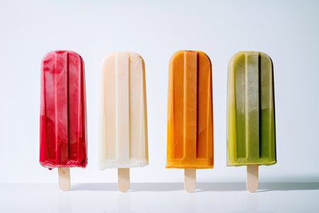 Colorful popsicle displayed against a plain white backdrop by Generative AI.の素材