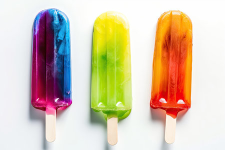 Colorful popsicle displayed against a plain white backdrop by Generative AI.の素材