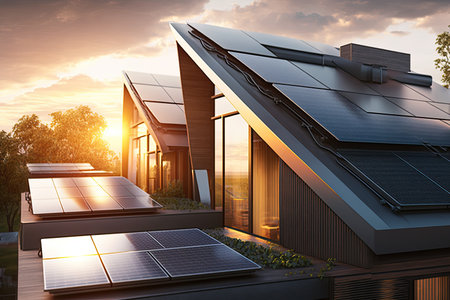 Single family house with solar panels at sunset or sunrise. Sustainability concept. Generative AIの素材
