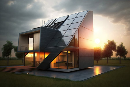 Single family house with solar panels. Sustainability concept. Generative AIの素材