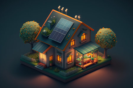 Single family house with solar panels. Sustainability concept. Generative AIの素材