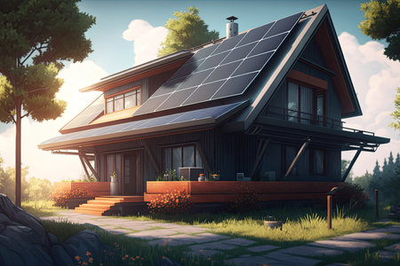 Single family house with solar panels at sunset or sunrise. Sustainability concept. Generative AIの素材