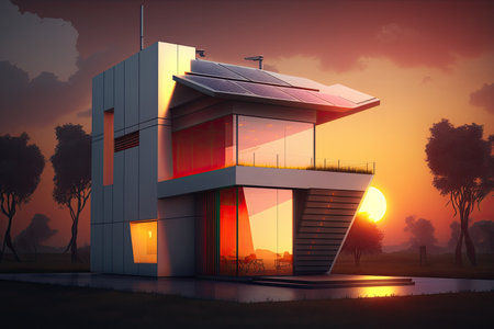 Single family house with solar panels. Sustainability concept. Generative AIの素材