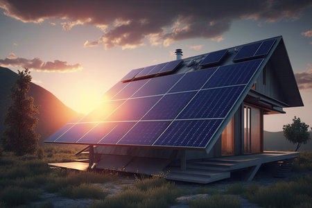 Single family house with solar panels at sunset or sunrise. Sustainability concept. Generative AIの素材