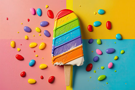 A brightly colored ice cream popsicle against a vibrant background by Generative AIの素材