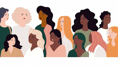 illustration of a diverse group of women on a white background, each with different body types and poses, promoting empowerment by generative AIの素材