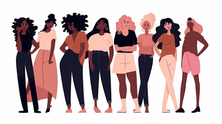 illustration of a diverse group of women on a white background, each with different body types and poses, promoting empowerment by generative AIの素材