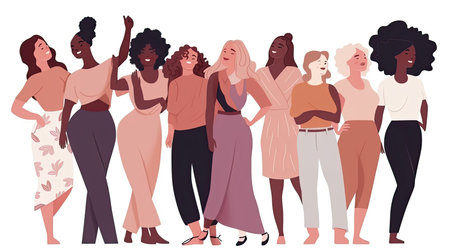 illustration of a diverse group of women on a white background, each with different body types and poses, promoting empowerment by generative AIの素材