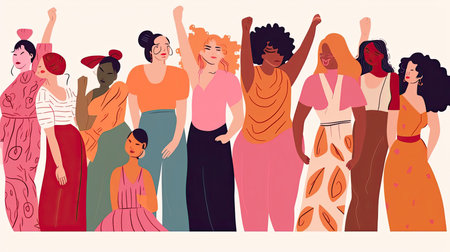 illustration of a diverse group of women on a white background, each with different body types and poses, promoting empowerment by generative AIの素材