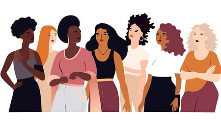 illustration of a diverse group of women on a white background, each with different body types and poses, promoting empowerment by generative AIの素材