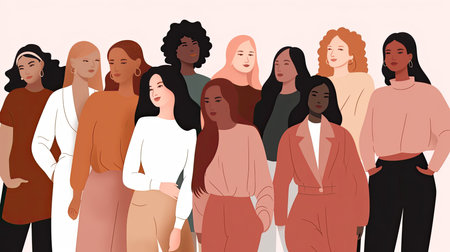 illustration of a diverse group of women on a white background, each with different body types and poses, promoting empowerment by generative AIの素材
