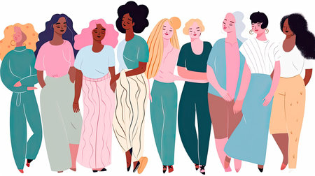 illustration of a diverse group of women on a white background, each with different body types and poses, promoting empowerment by generative AIの素材