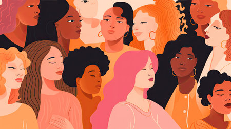 illustration of a diverse group of women on a white background, each with different body types and poses, promoting empowerment by generative AIの素材
