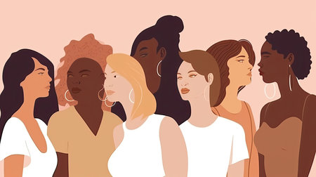 illustration of a diverse group of women on a white background, each with different body types and poses, promoting empowerment by generative AIの素材
