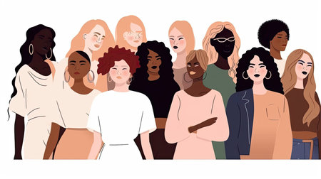 illustration of a diverse group of women on a white background, each with different body types and poses, promoting empowerment by generative AIの素材