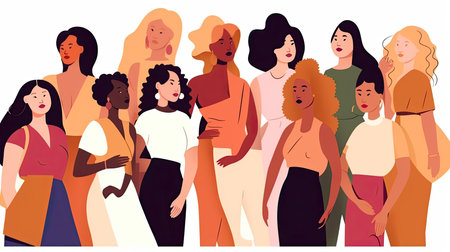 illustration of a diverse group of women on a white background, each with different body types and poses, promoting empowerment by generative AIの素材