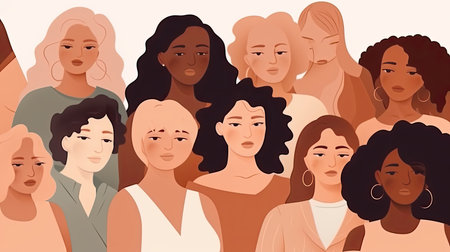 illustration of a diverse group of women on a white background, each with different body types and poses, promoting empowerment by generative AIの素材