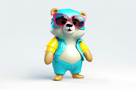 A happy and cool 3D character of a bear with full body, wearing clothes and sunglasses, on a background by enerative AIの素材