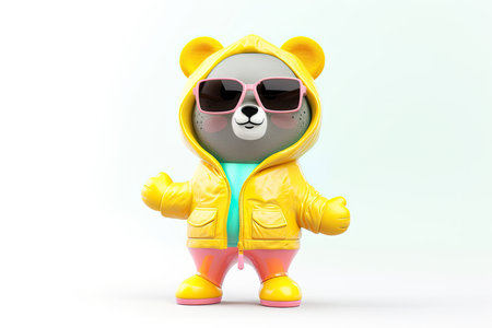 A happy and cool 3D character of a bear with full body, wearing clothes and sunglasses, on a background by enerative AIの素材