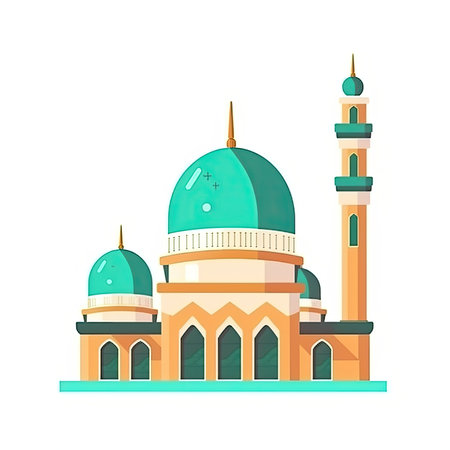 illustration of flat style isolated Muslim mosque on white background. Beautiful illustration of Muslim temple icon. Eid Mubarak greetings. Ramadan Kareem.By generative AIの素材