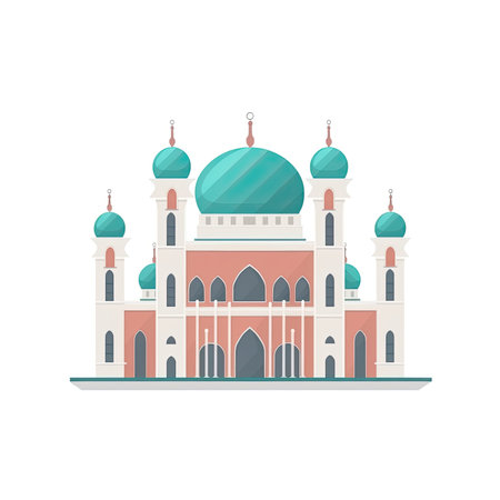 illustration of flat style isolated Muslim mosque on white background. Beautiful illustration of Muslim temple icon. Eid Mubarak greetings. Ramadan Kareem.By generative AIの素材