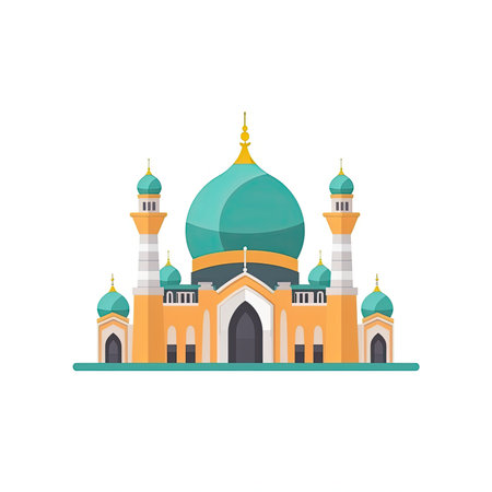 illustration of flat style isolated Muslim mosque on white background. Beautiful illustration of Muslim temple icon. Eid Mubarak greetings. Ramadan Kareem.By generative AIの素材