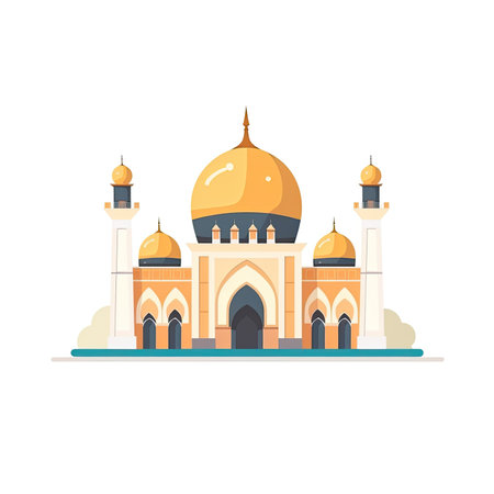 illustration of flat style isolated Muslim mosque on white background. Beautiful illustration of Muslim temple icon. Eid Mubarak greetings. Ramadan Kareem.By generative AIの素材