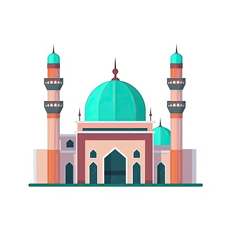illustration of flat style isolated Muslim mosque on white background. Beautiful illustration of Muslim temple icon. Eid Mubarak greetings. Ramadan Kareem.By generative AIの素材