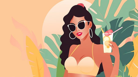 Summer resort illustration of woman in sunglasses and swimsuit holding juice with tropical foliage in the background by generative AIの素材