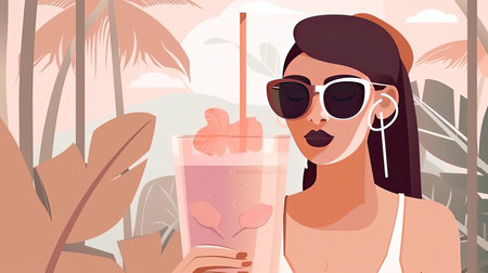 Summer resort illustration of woman in sunglasses and swimsuit holding juice with tropical foliage in the background by generative AIの素材