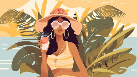 Summer resort illustration of woman in sunglasses and swimsuit holding juice with tropical foliage in the background by generative AIの素材