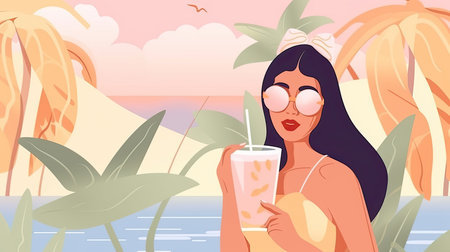 Summer resort illustration of woman in sunglasses and swimsuit holding juice with tropical foliage in the background by generative AIの素材