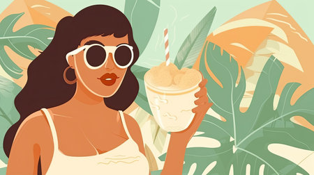 Summer resort illustration of woman in sunglasses and swimsuit holding juice with tropical foliage in the background by generative AIの素材