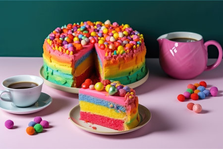Delicious and beautiful cake with rainbow colors, served with tea or coffee by generative AIの素材