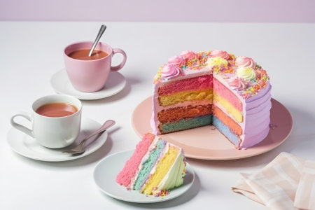 Delicious and beautiful cake with rainbow colors, served with tea or coffee by generative AIの素材